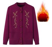 Strickjacke Damen für Oma Strickjacke für Alte Damen Lila Handgemachte Stickerei Jacquard Strickjacke für Frauen Mittleren Alters Fleece Gefüttert Warme Damen Entspannte Passform Strickjacke Alt