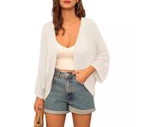 Strickjacke Damen Kurz, Bolero Cardigan Damen, Kurzer Cardigan Mit Lochmuster, Häkel Schulterjacke, 3/4 Ärmel, Sommer Schulterjacke Für Kleider Und Oberteile, Offener Strandüberwurf, Wei