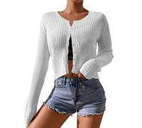 Strickjacke Damen Kurz Open Front Grobstrick Strick Cardigan Herbst Winter Langarm Pullover Tops Slim Fit Streifen Mantel Jacke Mode Casual Sweater Cropped Oberteil mit Knopf