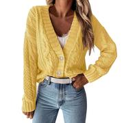 Strickjacke Damen Kurz Strick Cardigan V-Ausschnitt Knopfleiste Open Front Grobstrick Sweater Elegant Casual Schulterjacke Top