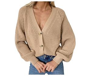 Strickjacke Damen Kurz Strick Cardigan V-Ausschnitt leiste Open Front Sweater Casual Elegant Schulterjacke Top