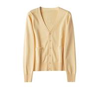 Strickjacke Damen, Lässige Leichte Kurz Geschnittene Strickjacke Hellgelb Mit Knöpfen Offener Cardigan Mit Taschen Durchgehender Ärmel Strickpullover Mantel Bomberjacke Weste Oberbekleidung Für