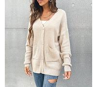Strickjacke Damen,Lässiger Beige Cardigan Mit Knöpfen Langarm Strickpullover Cardigan Mit Taschen Gürtel Offene Front Chunky Oberbekleidung Warmhalten Mittellange Strickjacken Für Damen,L