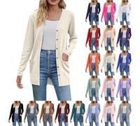 Strickjacke Damen Lang Große Größen, Feinstrickjacke Damen Knöpfe Cardigan V Ausschnitt Sweater Mit Taschen Strickcardigan Langarm Longstrickjacke Warm Strickjacken Elegant Feinstrick Pullover