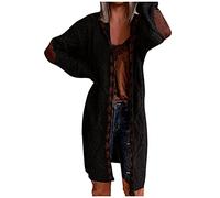 Strickjacke Damen Lang Schwarz mit Kapuze - Patchwork Strickmantel Gestrickt Lose Cardigan Wintermantel Causal Outwear und Langarm Kapuzenpullover Lässige Herbst Winter Mantel