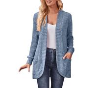 Strickjacke Damen Offene Casual Lang Cardigan Damen-Strickjacke, locker, modisch, lässig, vorne offen, langärmelig, grob, mit Tasche (Blue, S)
