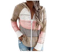 Strickjacke Damen, Strickjacken Für Damen Langarm Full Zip Hoodie Farbblock Cardigan Jacke mit Kapuzen Leichte Dünne Strickjacke Winter Open Front Sweater Mantel Kapuzenjacke