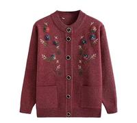 Strickjacke Damen Winter,Strickjacken für Ältere Menschen mittleren Alters und Senioren Pullover für Alte Damen Im Vintage Jacquard Stil Dick Warm für Omas Mantel Jacke Kleidung Dunkelrot (Ohne
