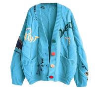 Strickjacke Damen Zopfmuster Cardigan - Lange Ärmel Grobstrickjacke Dicke Offene Vorderseite Zopfstrick V-Ausschnitt Knopfleiste Sweater Elegant Cartoon Stickerei Outdoor Kleidung Mit Tasche