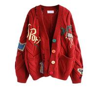 Strickjacke Damen Zopfmuster Cardigan - Lange Ärmel Grobstrickjacke Dicke Offene Vorderseite Zopfstrick V-Ausschnitt Knopfleiste Sweater Elegant Cartoon Stickerei Outdoor Kleidung Mit Tasche