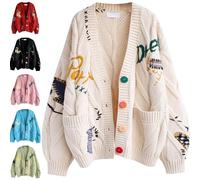 Strickjacke Damen Zopfmuster Cardigan - Lange Ärmel Grobstrickjacke Dicke Offene Vorderseite Zopfstrick V-Ausschnitt Knopfleiste Sweater Elegant Cartoon Stickerei Outdoor Kleidung Mit Tasche