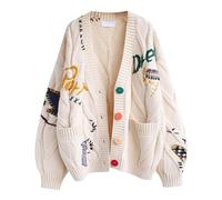 Strickjacke Damen Zopfmuster Grobstrickjacke - Dicke Offene Vorderseite Zopfstrick Lange Ärmel Cardigan Elegant Stickerei Outdoor-Kleidung V-Ausschnitt Knopfleiste Sweater