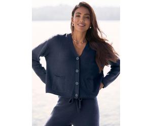 Strickjacke ELBSAND, Damen, Gr. 48/50, marine, Feinstrick, Obermaterial: 55% Baumwolle, 45% Nylon, unifarben, figurumspielend hüftlang, tiefer V-Ausschnitt, Rollsäume, Strickjacken Strickjacke, aus ho