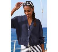 Strickjacke FRENCH CONNECTION, Damen, Gr. 44/46, marine, Feinstrick, Obermaterial: 72% Viskose, 28% Polyester, unifarben, figurumspielend taillenbedeckt, tiefer V-Ausschnitt, Rippstrickbündchen, Stric