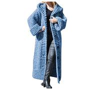 Strickjacke für Damen, grob gestrickt, Fleecemantel für Damen, mit Kapuze, langer Strickmantel mit Knöpfen, Strickpullover, Langarm, warm, Open vorne, einfarbig, Jacke, blau, XL