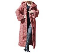 Strickjacke für Damen, grob gestrickt, Fleecemantel für Damen, mit Kapuze, langer Strickmantel mit Knöpfen, Strickpullover, Langarm, warm, Open vorne, einfarbig, Jacke, rot, Small