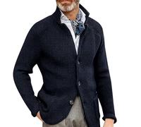 Strickjacke für Herren, Stehkragen, Wollmantel, dicke Nadel, verdickter Anzugpullover, einfarbig, Knopfleiste, warm, Outwear, Pullover, Fleecefutter, Wintermantel mit Taschen, blau, XXL