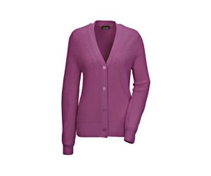 Strickjacke GOLDNER "Elegante Strickjacke mit V-Ausschnitt", Damen, Gr. 42, lila (maulbeere), Obermaterial: 70% Polyacryl PAN. 30% Schurwolle WV., Rippe, Strickjacken Strickjacke, Hochwertige Strickmi