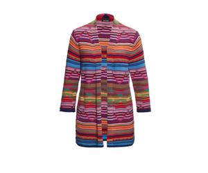 Strickjacke GOLDNER "Kurzgröße Abstrakt gemusterte Jaquardstrickjacke in offener Schnittform", Damen, Gr. 22, bunt, Obermaterial: 100% Baumwolle CO., Rollkante, Strickjacken Strickjacke, Jacquardstric