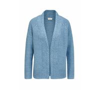 Strickjacke GOLDNER "Kurzgröße Elegante Grobstrickjacke, Zopfmuster", Damen, Gr. 20, blau (jeansblau, melange), Obermaterial: 70% Baumwolle CO. 30% Polyacryl PAN., normal, Sonstiges, Strickjacken Stri