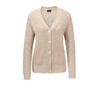 Strickjacke GOLDNER "Kurzgröße Langarm Strickjacke mit V-Ausschnitt", Damen, Gr. 21, beige (stein, weiß, gemustert), Obermaterial: 54% Baumwolle CO. 27% Polyacryl PAN. 19% Polyester PES., Basic, norma
