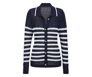 Strickjacke GOLDNER "Kurzgröße Polopullover mit Lochmuster", Damen, Gr. 21, blau (marine, weiß, gemustert), Obermaterial: 50% Baumwolle CO. 50% Polyacryl PAN., gerade, Strickjacken Strickjacke, Lochmu