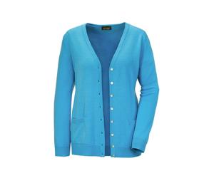 Strickjacke GOLDNER "Kurzgröße Uni Merino-Cardigan Langarm", Damen, Gr. 19, blau (türkis), Obermaterial: 100% Schurwolle WV., Basic, normal, V-Ausschnitt, Rippe, Strickjacken Strickjacke, Rippenbündch