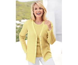 Strickjacke GOLDNER "Pflegeleichte Strickjacke in hochwertiger Rippenstruktur", Damen, Gr. 50, gelb, Obermaterial: 65% Polyacryl PAN. 35% Polyester PES., V-Ausschnitt, weit Sonstiges, Strickjacken Str