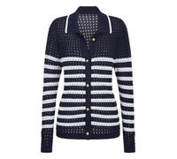 Strickjacke GOLDNER "Polopullover mit Lochmuster", Damen, Gr. 38, blau (marine, weiß, gemustert), Obermaterial: 50% Baumwolle CO. 50% Polyacryl PAN., gerade, Strickjacken Strickjacke, Lochmuster im Ri