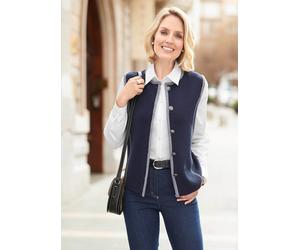 Strickjacke GOLDNER "Zeitlose Merino-Weste mit Knopfleiste", Damen, Gr. 42, blau (marine, grau), Obermaterial: 50% Polyacryl PAN. 50% Schurwolle WV., Strickjacken Strickjacke, Wiener Nähte (12609852-4