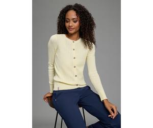 Strickjacke KANGAROOS, Damen, Gr. 32/34, butter gelb, Feinstrick, Obermaterial: 50% Baumwolle, 50% Polyacryl, figurbetont hüftlang, Rundhals, Rippstrickbündchen, Strickjacken Strickjacke, Strickjacke 