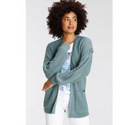 Strickjacke KANGAROOS, Damen, Gr. 36/38, blau (blaugrau), Strick, Obermaterial: 100% Polyacryl, kontrastfarbene Details, unifarben mit Farbeinsatz, gerade hüftbedeckend, V-Ausschnitt, Puffärmel Rippst