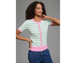 Strickjacke KANGAROOS, Damen, Gr. 36/38, grün, weiß, Feinstrick, Obermaterial: 50% Baumwolle, 50% Polyacryl, taillenbedeckt, Rundhals, Rippbündchen, Strickjacken Strickjacke, Feinstrickjacke, mit Knop