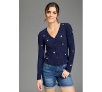 Strickjacke KANGAROOS, Damen, Gr. 44/46, blau (marine), Rippstrick, Obermaterial: 70% Viskose, 30% Polyamid, figurbetont hüftlang, V-Ausschnitt, Strickjacken Strickjacke, aus Rippstrick mit Stickerei