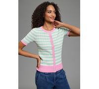 Strickjacke KANGAROOS, Damen, Gr. 44/46, grün, weiß, Feinstrick, Obermaterial: 50% Baumwolle, 50% Polyacryl, taillenbedeckt, Rundhals, Rippbündchen, Strickjacken Strickjacke, Feinstrickjacke, mit Knop