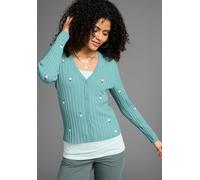 Strickjacke KANGAROOS, Damen, Gr. 48/50, grün (mint, geblümt), Rippstrick, Obermaterial: 70% Viskose, 30% Polyamid, bestickt, geblümt, figurbetont hüftlang, V-Ausschnitt, Strickjacken Strickjacke, aus