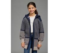Strickjacke KANGAROOS "Long-Strickjacke mit modischen Ringelmuster von KangaROOS", Mädchen, Gr. 128/134, blau (marine), Strick, Obermaterial: 50% Baumwolle, 50% Polyacryl, meliert, lässig geschnitten