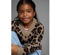 Strickjacke KIDSWORLD "Strickjacke mit Leo-Muster", Mädchen, Gr. 176/182, beige (gemustert leo), Feinstrick, Obermaterial: 100% Polyacryl, Basic hüftlang, V-Ausschnitt, Rippbündchen, Strickjacken Stri