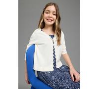 Strickjacke KIDSWORLD "Strickjacke mit schöner Wellkante, aus weicher Viskosemischung", Mädchen, Gr. 104/110, weiß, Feinstrick, Obermaterial: 70% Viskose, 30% Polyamid, unifarben, festlich, Basic hüft
