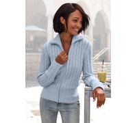 Strickjacke LASCANA "mit Zopfstrickmuster und Reißverschluss", Damen, Gr. 32/34, blau (hellblau), Strick, Obermaterial: 50% Baumwolle, 50% Polyacryl, unifarben, figurumspielend hüftlang, Strickjacken