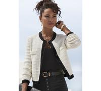 Strickjacke LASCANA, Damen, Gr. 32/34, schwarz (creme, schwarz), Strick, Obermaterial: 37% Polyester, 36% Polyacryl, 22% Baumwolle, 5% Elasthan, unifarben mit Farbeinsatz, figurbetont taillenbedeckt,