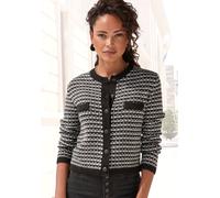 Strickjacke LASCANA, Damen, Gr. 32/34, schwarz-weiß (schwarz, weiß kariert), Strick, Obermaterial: 89% Polyacryl, 6% Polyester, 5% Elasthan, kariert, figurbetont hüftlang, Rundhals, Strickjacken Stric