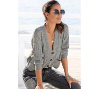 Strickjacke LASCANA, Damen, Gr. 36/38, grau (grau, meliert), Strick, Obermaterial: 50% Polyacryl, 50% Polyester, meliert, figurumspielend hüftlang, V-Ausschnitt, Rippstrickbündchen, Strickjacken Stric