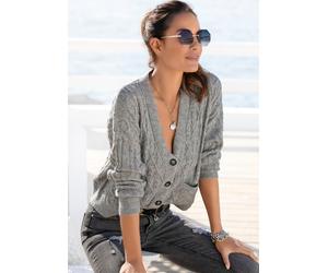Strickjacke LASCANA, Damen, Gr. 40/42, grau (grau, meliert), Strick, Obermaterial: 50% Polyacryl, 50% Polyester, meliert, figurumspielend hüftlang, V-Ausschnitt, Rippstrickbündchen, Strickjacken Stric