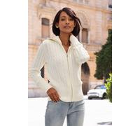 Strickjacke LASCANA, Damen, Gr. 40/42, weiß (creme), Strick, Obermaterial: 50% Baumwolle, 50% Polyacryl, unifarben, figurumspielend hüftlang, Strickjacken Strickjacke, mit Zopfstrickmuster, gemütliche
