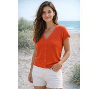 Strickjacke LAURA SCOTT "in Ajour-Optik, ideal für den Frühling", Damen, Gr. 32/34, orange (koralle), Feinstrick, Obermaterial: 50% Baumwolle, 50% Polyacryl, unifarben, figurumspielend hüftlang, V-Aus