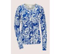 Strickjacke MADELEINE "Strickjacke Blumige Feinstrick-Jacke, Langarm, Knopfleiste", Damen, Gr. 48, blau (azurblau, wollweiß), Obermaterial: 71% Viskose CV. 29% Polyamid PA., Modern, Strickjacken Stric