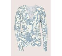 Strickjacke MADELEINE "Strickjacke Florale Feinstrickjacke mit V-Ausschnitt", Damen, Gr. 34, blau (rauchblau, wollweiß), Obermaterial: 71% Viskose CV. 29% Polyamid PA., Modern, gerade, Strickjacken St