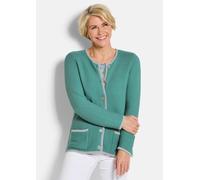 Strickjacke GOLDNER "Kurzgröße Elegante Strickjacke mit Taschen", Damen, Gr. 21, grün (salbei, gemustert), Obermaterial: 50% Baumwolle CO. 50% Polyacryl PAN., gerade, Strickjacken Strickjacke, Knöpfe