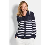 Strickjacke GOLDNER "Polopullover mit Lochmuster", Damen, Gr. 50, blau (marine, weiß, gemustert), Obermaterial: 50% Baumwolle CO. 50% Polyacryl PAN., gerade, Strickjacken Strickjacke, Lochmuster im Ri